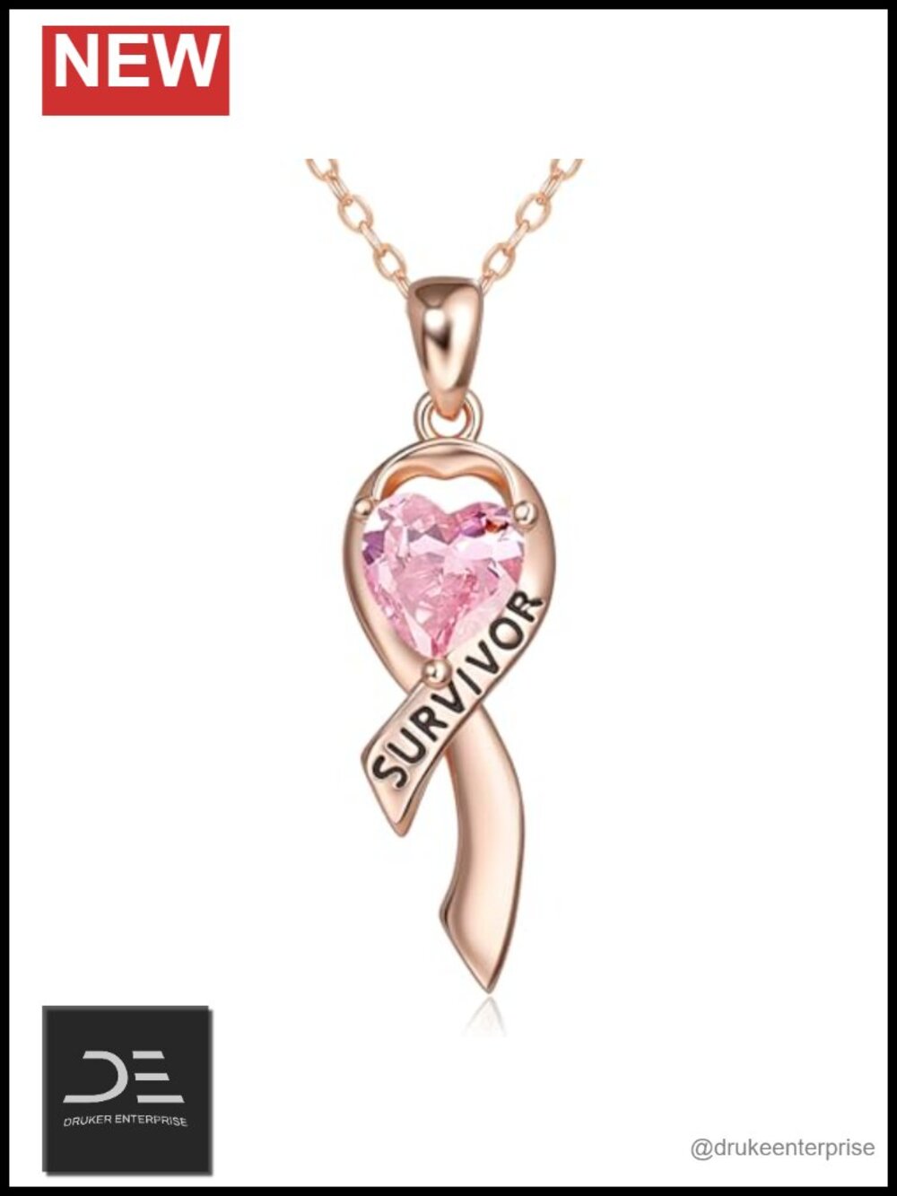 14k Rose Gold Plated Pink Ribbon Breast Cancer Awareness Necklace